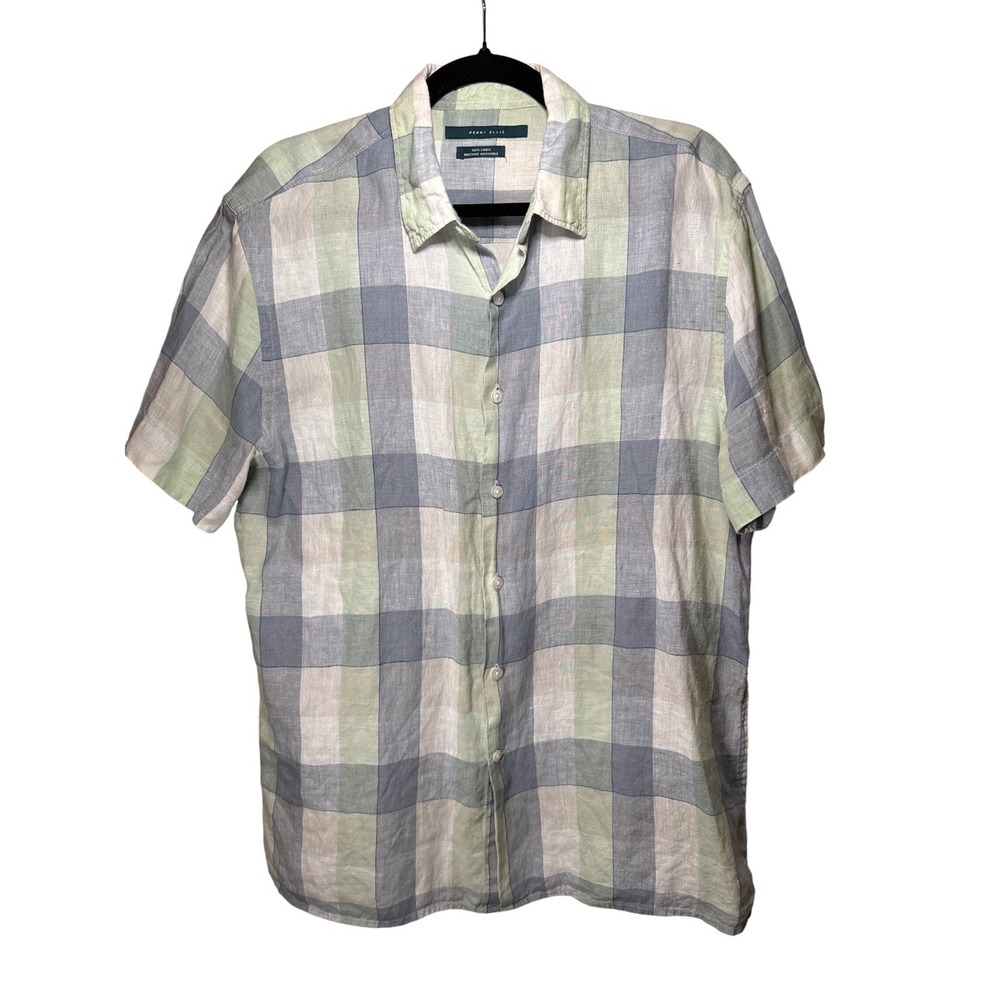 Perry Ellis Linen Shirt Mens Large Multi Excellent Plaid SS Button Up Casual